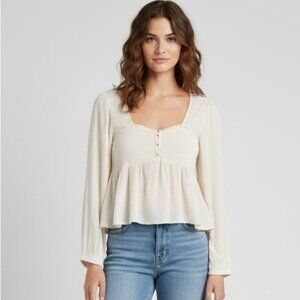 American Eagle Outfitters Cream Long-Sleeve Peplum Blouse